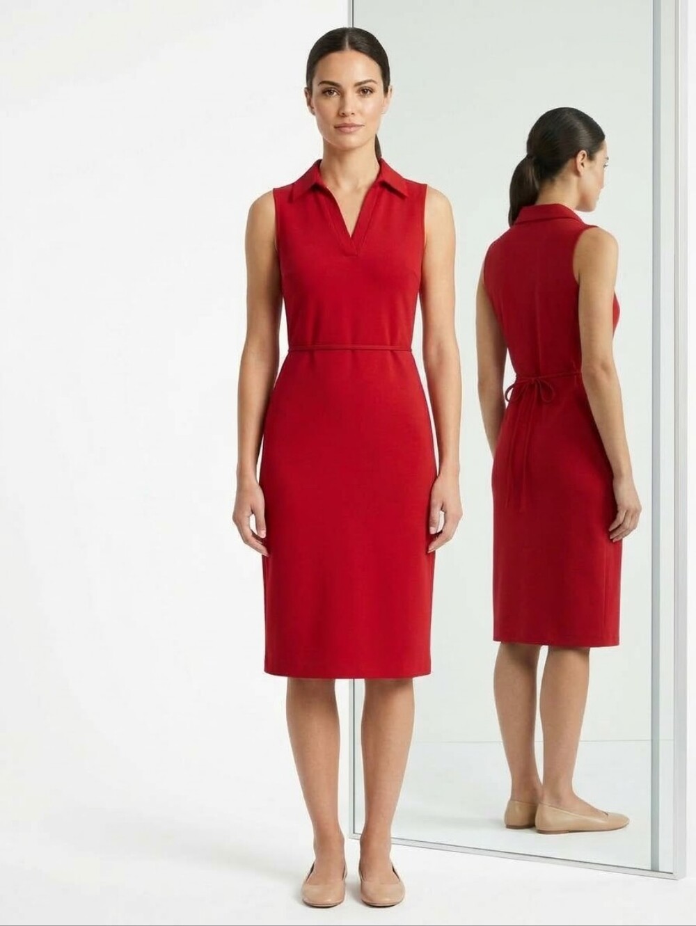 Jones New York Dress Petite Small Red Sleeveless V-Neck Sheath Tie Back